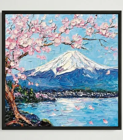 Impressionist hand-painted canvas depicting Mount Fuji with cherry blossoms, snow peak, and serene lake in soft pinks and blues