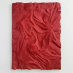 Gestural abstract hand-painted canvas in deep crimson with dynamic layered brushstrokes and textured surface