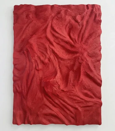 Gestural abstract hand-painted canvas in deep crimson with dynamic layered brushstrokes and textured surface