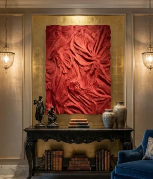 Textured abstract hand-painted canvas in deep crimson with gestural brushwork and dimensional surface, styled in contemporary living space