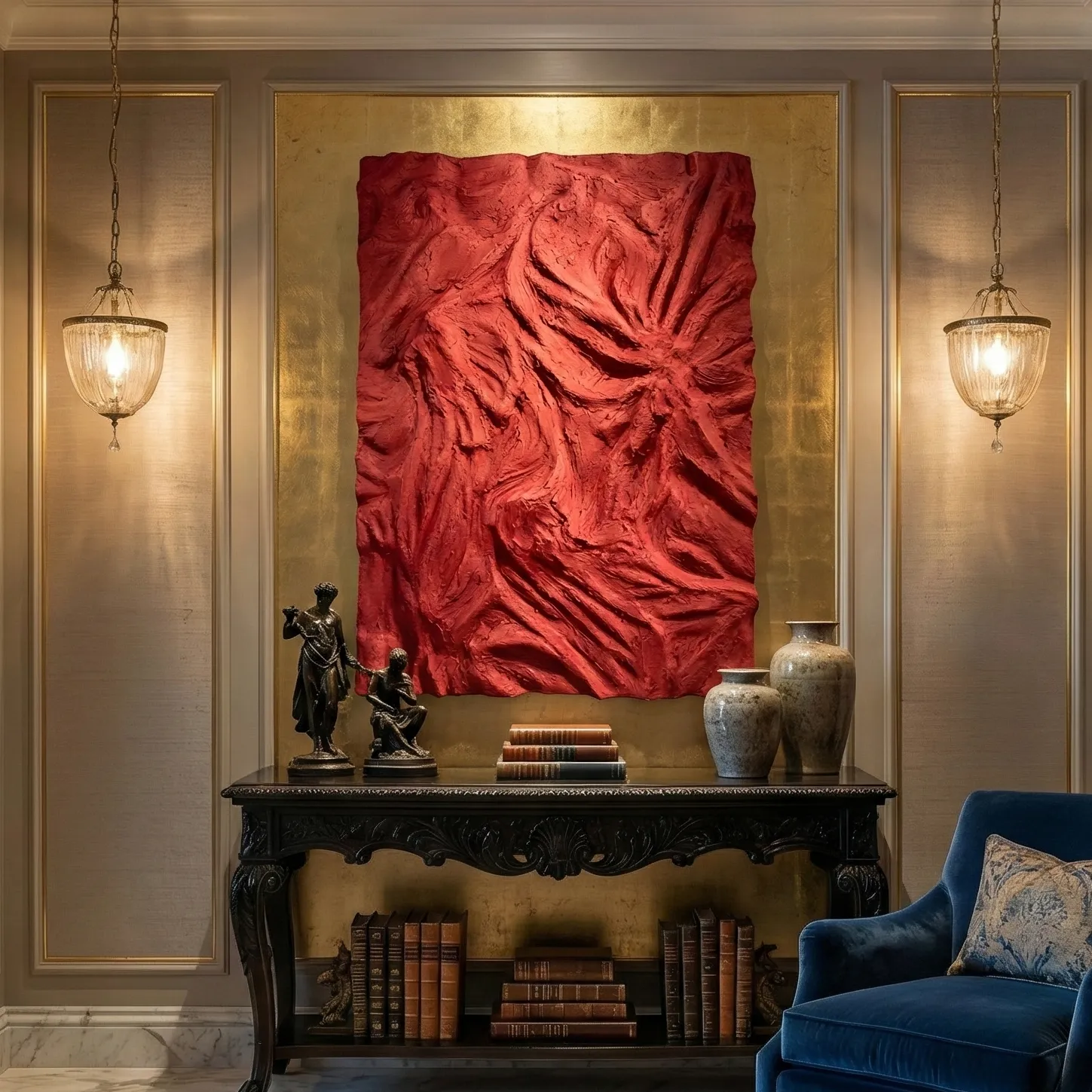 Red Rhapsody – Abstract Textured Wall Decor (3) Textured abstract hand-painted canvas in deep crimson with gestural brushwork and dimensional surface, styled in contemporary living space