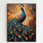 Textured contemporary hand-painted canvas depicting an iridescent peacock in vibrant blues, teals, and jewel tones against warm ochre background