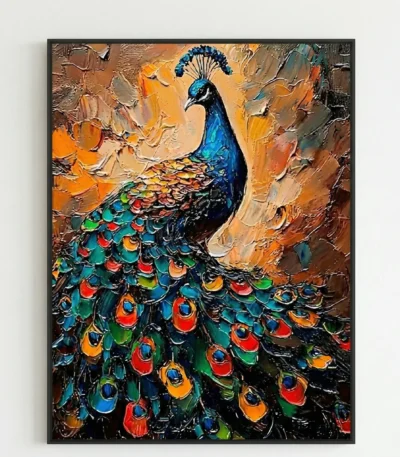Textured contemporary hand-painted canvas depicting an iridescent peacock in vibrant blues, teals, and jewel tones against warm ochre background