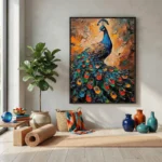 Textured contemporary hand-painted canvas featuring an iridescent peacock in vibrant teals, oranges, and blues against warm golden tones, modern living space