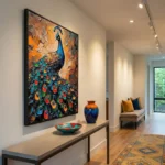Textured contemporary hand-painted canvas featuring vibrant peacock with jewel-toned plumage and warm golden background, modern hallway setting