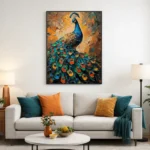 Textured contemporary hand-painted canvas depicting vibrant peacock in jewel tones and gold, modern living space
