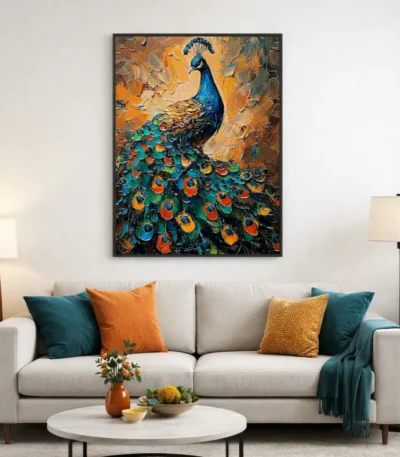 Textured contemporary hand-painted canvas depicting vibrant peacock in jewel tones and gold, modern living space