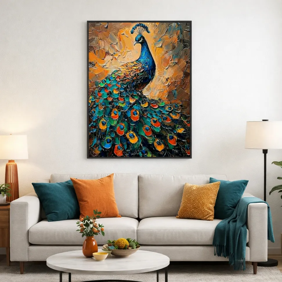 Regal Peacock Radiance – Textured Abstract Luxury Wall Art(9) Textured contemporary hand-painted canvas depicting vibrant peacock in jewel tones and gold, modern living space