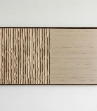 Textured abstract hand-painted canvas with vertical wave patterns in cream and natural wood tones, contemporary wall art