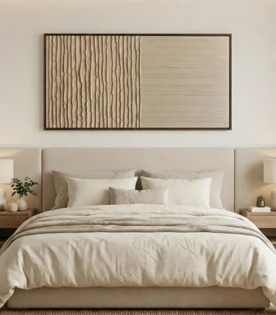 Minimalist hand-painted canvas with rhythmic vertical striations and smooth plane in warm neutrals, contemporary bedroom setting