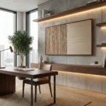 Minimalist hand-painted canvas with vertical wood grain texture and linear details in cream and natural tones, modern office space