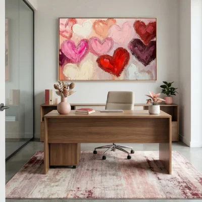 Gestural abstract hand-painted canvas depicting overlapping hearts in vibrant pinks, reds, and cream tones, modern office space