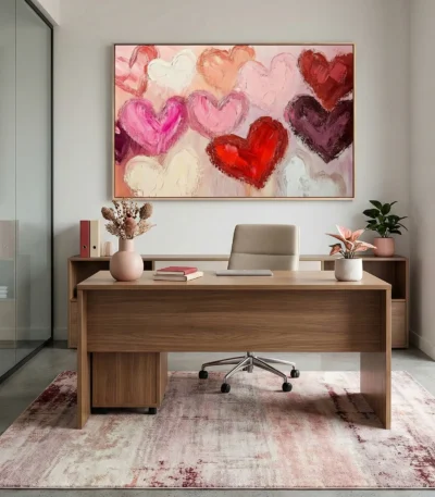 Gestural abstract hand-painted canvas depicting overlapping hearts in vibrant pinks, reds, and cream tones, modern office space