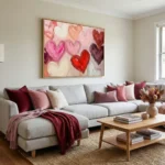 Gestural abstract hand-painted canvas depicting layered hearts in pink, red, and cream tones, contemporary living space