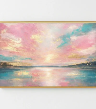 Contemporary landscape hand-painted canvas depicting serene lakeside sunset in soft pink, turquoise and gold tones