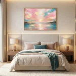 Impressionist landscape hand-painted canvas with pink and turquoise sky reflecting on tranquil water, warm gold palette, modern bedroom