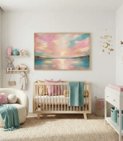 Impressionist landscape hand-painted canvas depicting a serene sunset over water in pink, gold, and turquoise tones, nursery setting