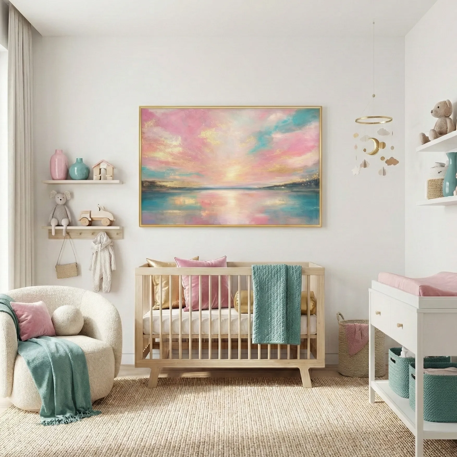 Roseate Horizon Glow Abstract pink gold sunset texture Color wall art (5) Impressionist landscape hand-painted canvas depicting a serene sunset over water in pink, gold, and turquoise tones, nursery setting
