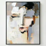 Gestural abstract hand-painted canvas depicting fragmented facial features in white, black, and ochre tones