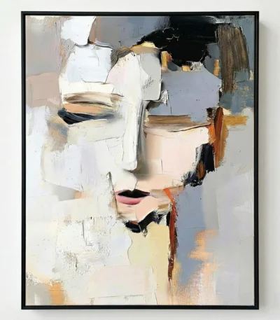Gestural abstract hand-painted canvas depicting fragmented facial features in white, black, and ochre tones