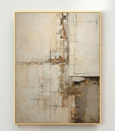 Layered abstract hand-painted canvas with intersecting linear elements in cream, taupe, and rust tones, contemporary living space