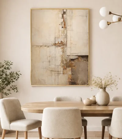 Abstract hand-painted canvas in layered cream, ochre, and taupe tones with gestural marks, contemporary dining space