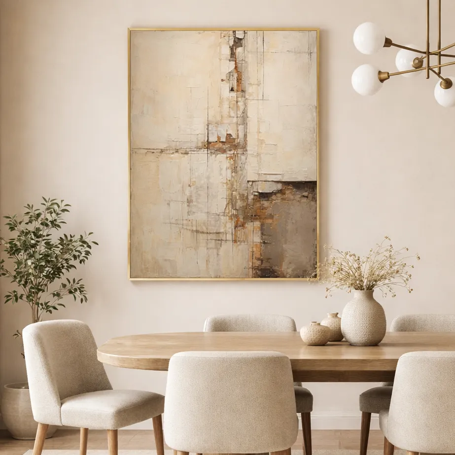 Rustic Masonry – Wabi Sabi Textured Wall Decor (3) Abstract hand-painted canvas in layered cream, ochre, and taupe tones with gestural marks, contemporary dining space