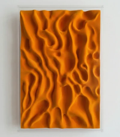 Textured abstract hand-painted canvas with undulating organic forms in warm amber and deep orange tones