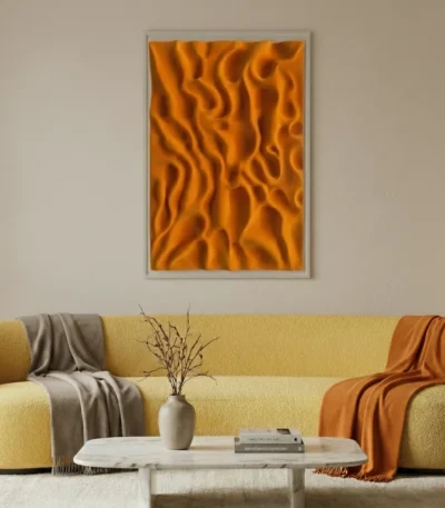 Gestural abstract hand-painted canvas in dynamic orange and amber tones with flowing organic forms, contemporary living space