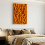 Gestural abstract hand-painted canvas in warm amber and burnt orange with dynamic wavy brushstrokes, modern bedroom