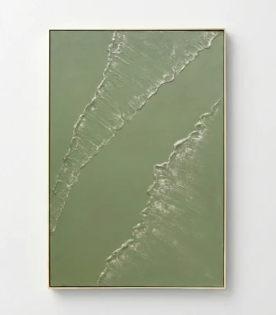 Textured abstract hand-painted canvas with sculptural layered forms in soft sage and cream tones