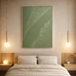 Textured abstract landscape hand-painted canvas in sage green and cream with diagonal wave formations, modern bedroom