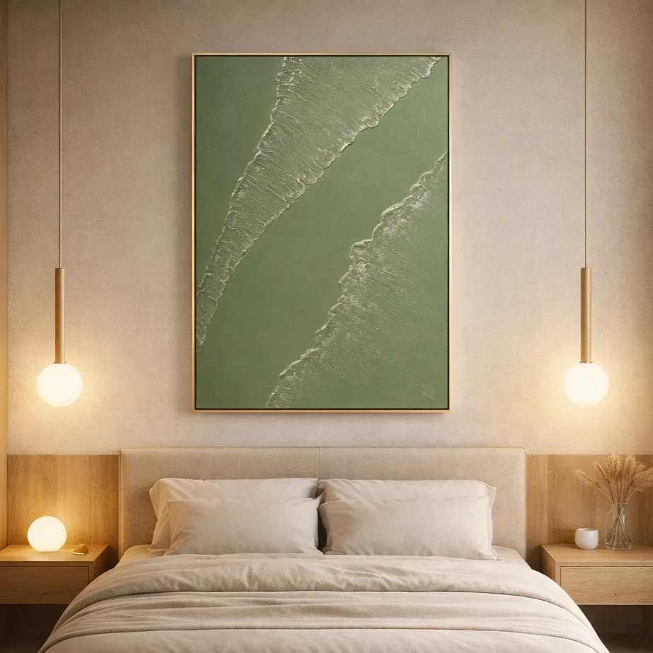 Sage Drift – Wabi Sabi Abstract Textured Wall Art (3) Textured abstract landscape hand-painted canvas in sage green and cream with diagonal wave formations, modern bedroom