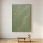 Abstract aerial landscape hand-painted canvas in muted sage and cream tones, contemporary interior