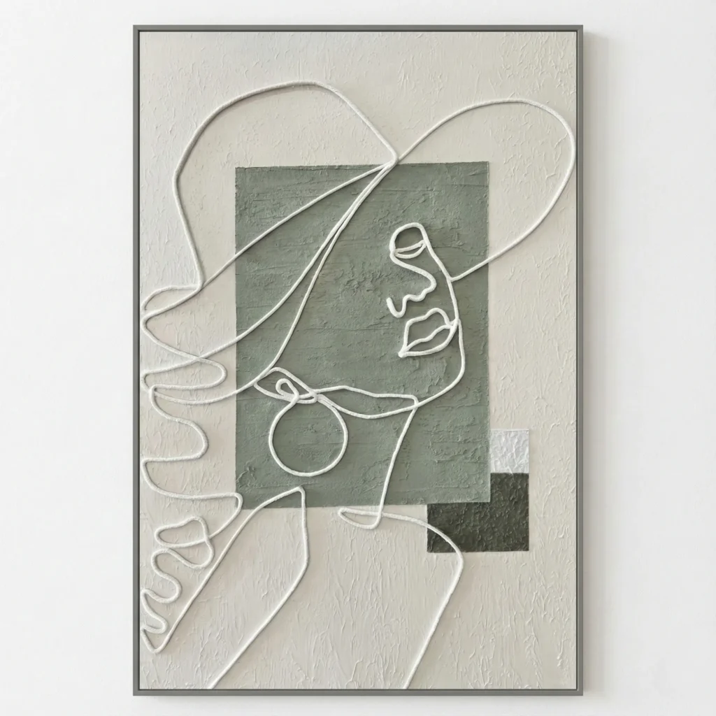 Contemporary hand-painted canvas with minimalist line-drawn figure and geometric blocks in sage and cream tones