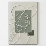 Contemporary hand-painted canvas with minimalist line-drawn figure and geometric blocks in sage and cream tones
