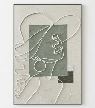 Contemporary hand-painted canvas with minimalist line-drawn figure and geometric blocks in sage and cream tones