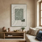 Minimalist hand-painted canvas featuring abstract line-drawn female profile with geometric shapes in sage and cream tones, contemporary living space