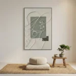 Minimalist hand-painted canvas with continuous line portrait and geometric shapes in muted sage and cream tones, contemporary meditation space