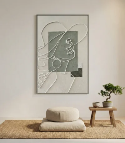 Minimalist hand-painted canvas with continuous line portrait and geometric shapes in muted sage and cream tones, contemporary meditation space