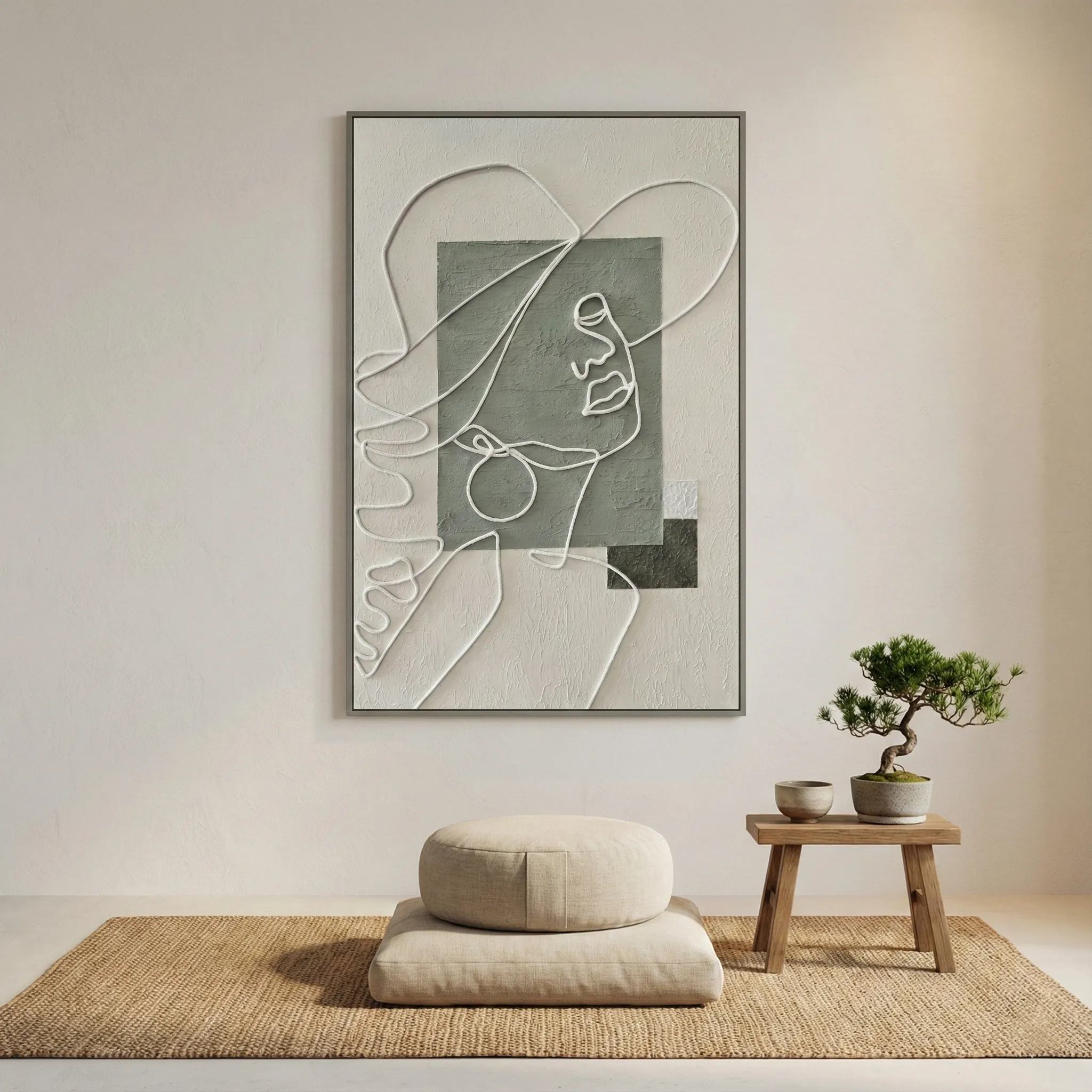 Sage Geometric Line Art – Textured Wall Decor Wabi Sabi Art (4) Minimalist hand-painted canvas with continuous line portrait and geometric shapes in muted sage and cream tones, contemporary meditation space
