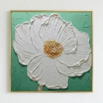 Contemporary hand-painted canvas of white peony with gold center on mint green background