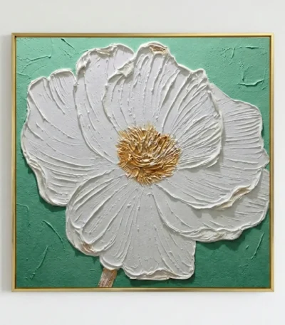 Contemporary hand-painted canvas of white peony with gold center on mint green background
