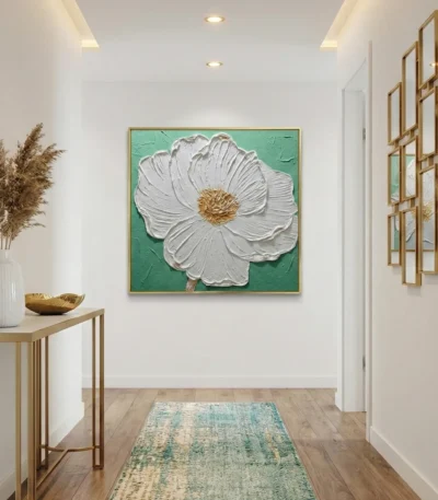Textured contemporary hand-painted canvas depicting white flower with gold center on vibrant turquoise background, modern entryway