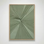 Textured abstract hand-painted canvas with radiating linear strokes converging at center in soft sage green tones