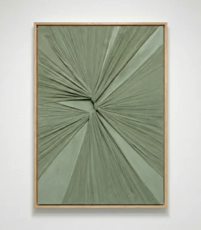 Textured abstract hand-painted canvas with radiating linear strokes converging at center in soft sage green tones