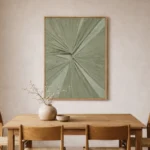 Gestural abstract hand-painted canvas with radiating linear brushstrokes in soft sage and cream tones, contemporary dining space