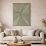 Minimalist abstract hand-painted canvas with radiating linear striations in sage and cream tones, contemporary living space