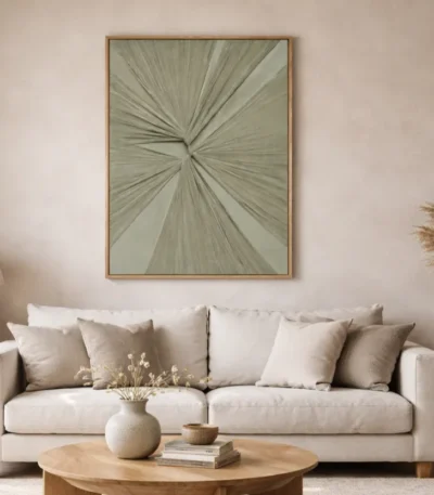Minimalist abstract hand-painted canvas with radiating linear striations in sage and cream tones, contemporary living space
