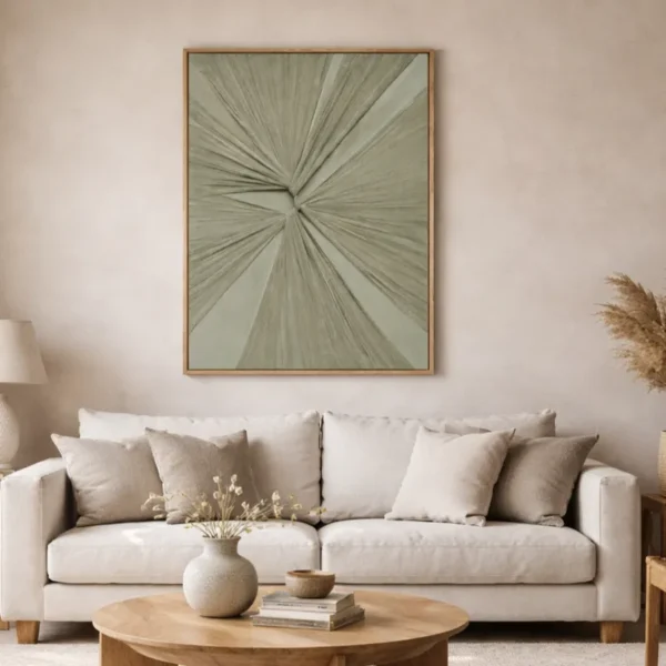 Minimalist abstract hand-painted canvas with radiating linear striations in sage and cream tones, contemporary living space
